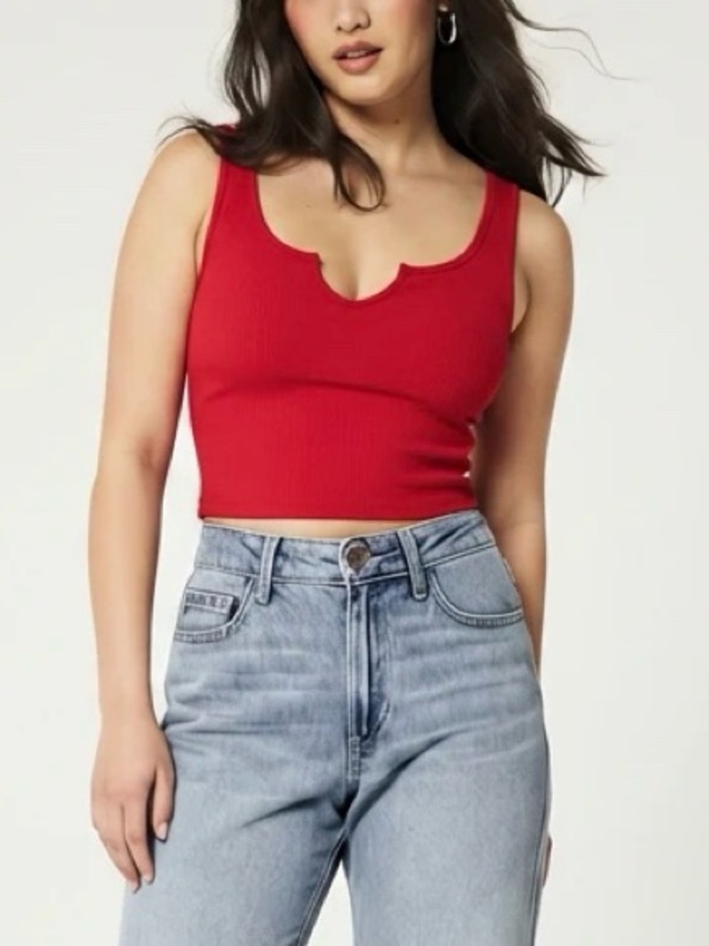Red Ribbed Fitted Crop Tank Top